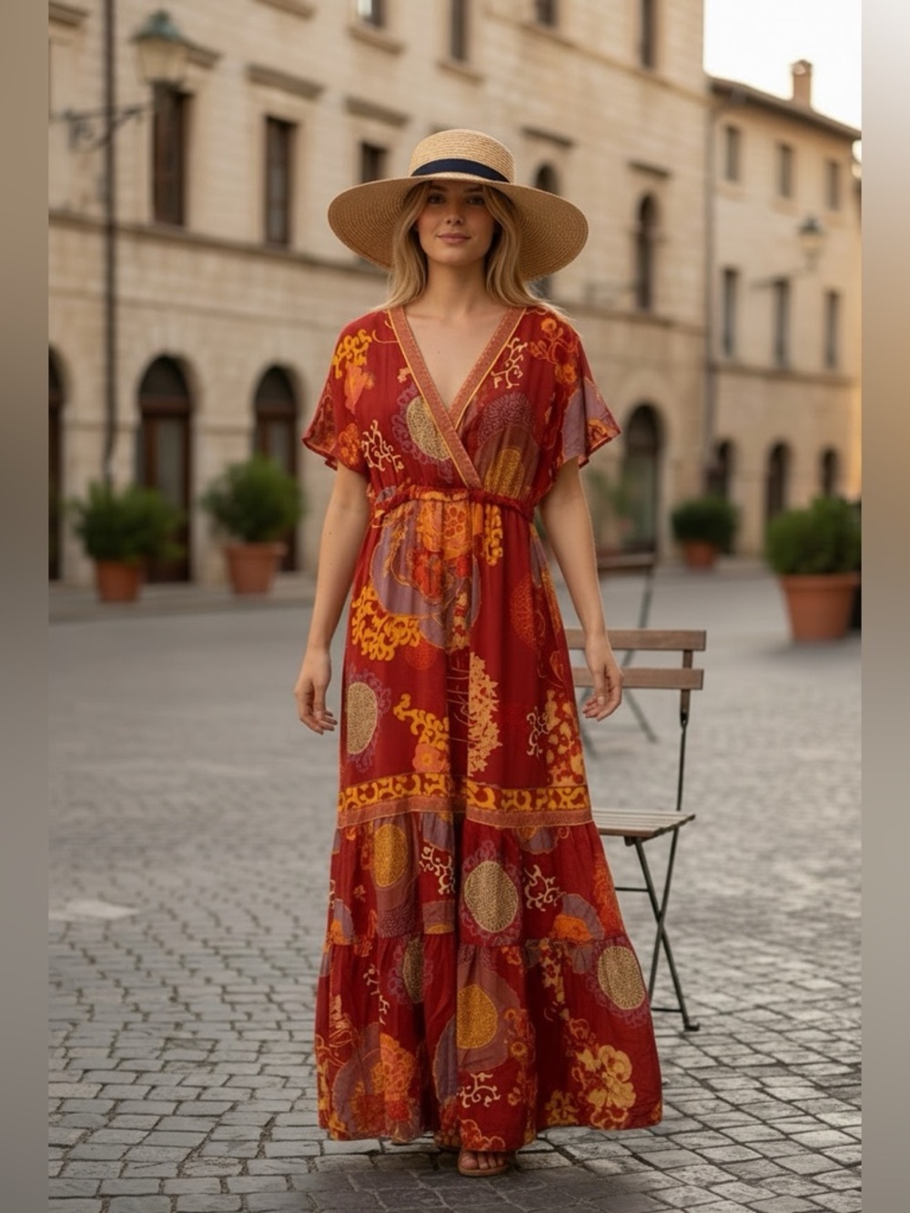 Hale Bob 100% silk Boho Maxi Dress in Rust Floral